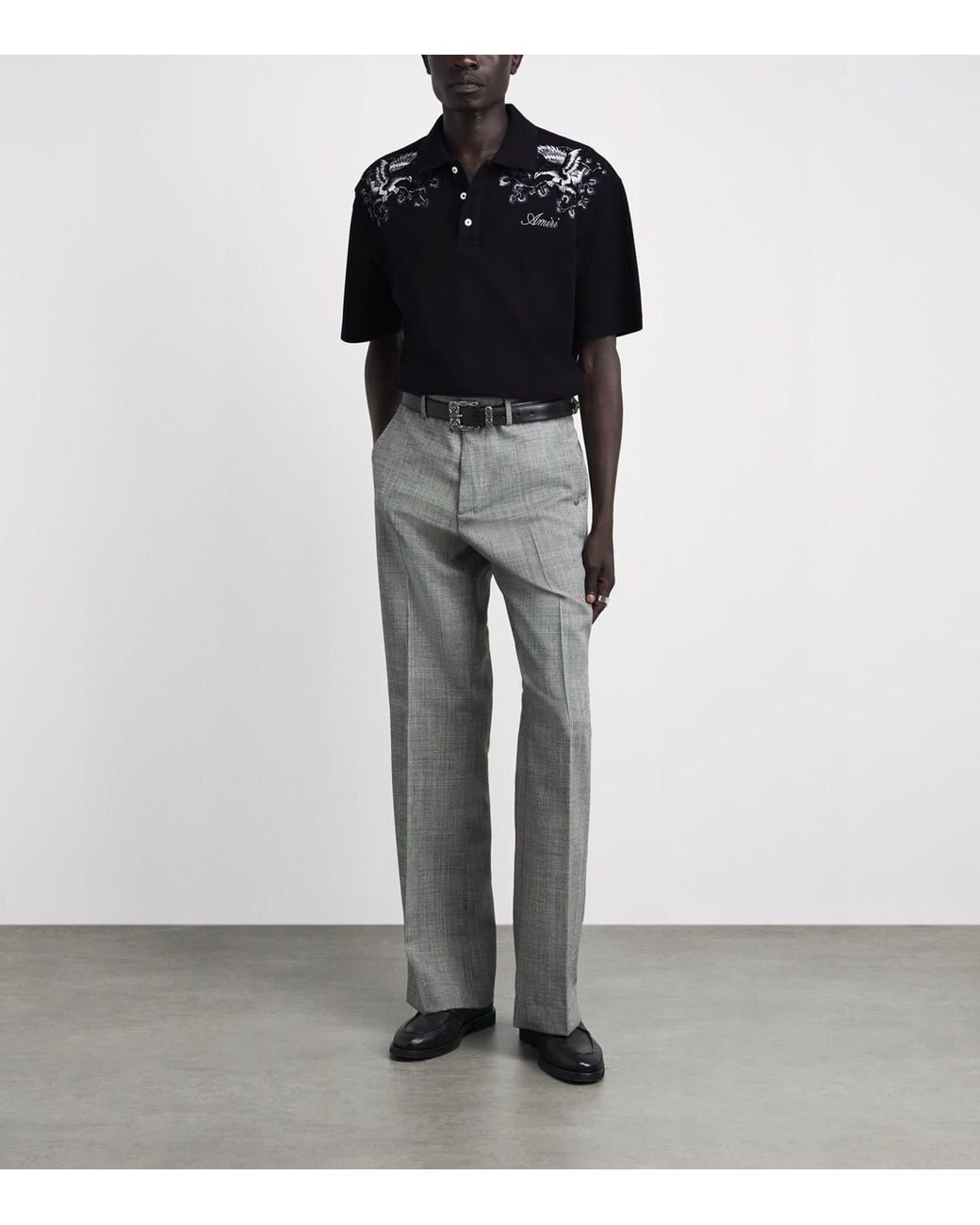 Amiri Black Cotton Floral-Embroidered Polo Shirt for men