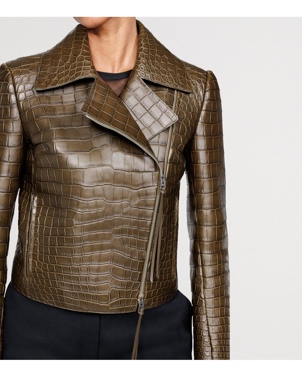 Tom Ford Brown Croc-Embossed Lambskin Biker Jacket