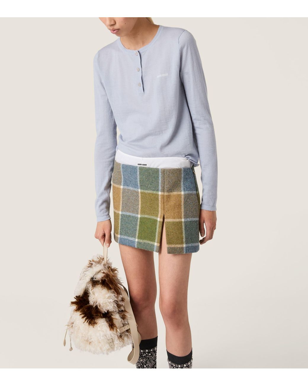 Miu Miu Blue Cashmere Henley T-Shirt