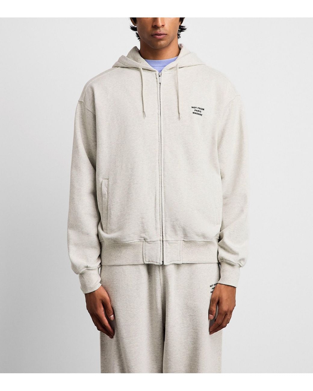 Drole de Monsieur Gray Cotton Slogan Zip-Up Hoodie for men