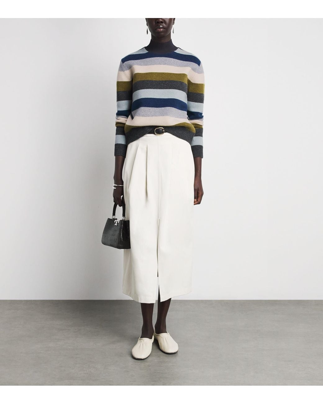 Tory Burch Blue Wool Stripe Funnel-Neck Sweater