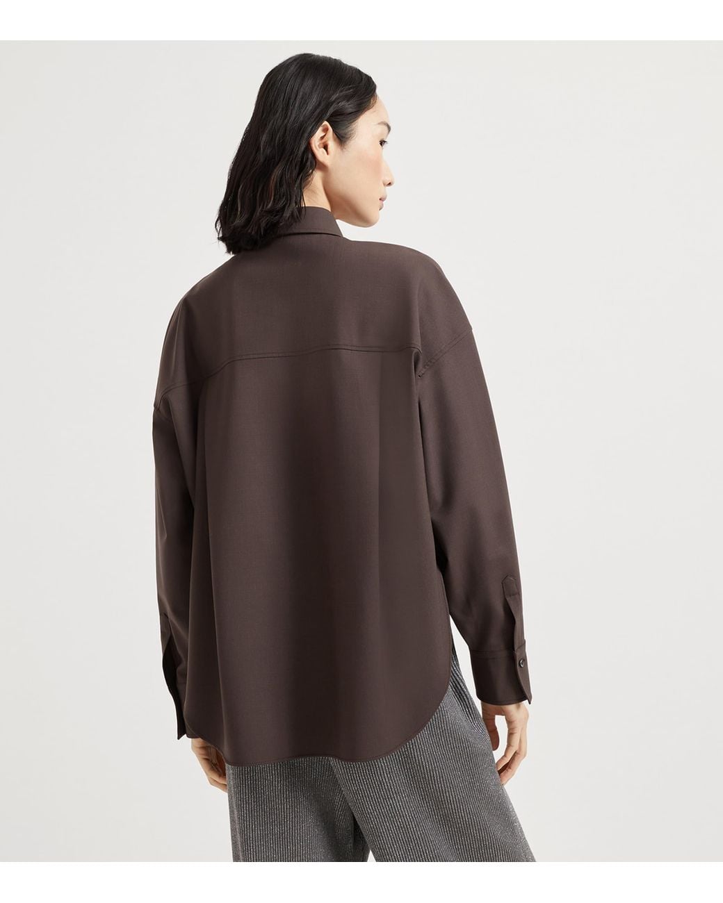 Brunello Cucinelli Brown Virgin Wool-Blend Monili-Tab Shirt