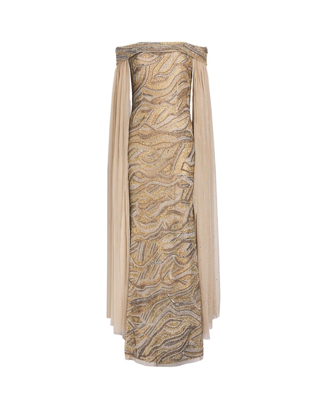 Raishma Natural Tulle Embellished Cape Gown