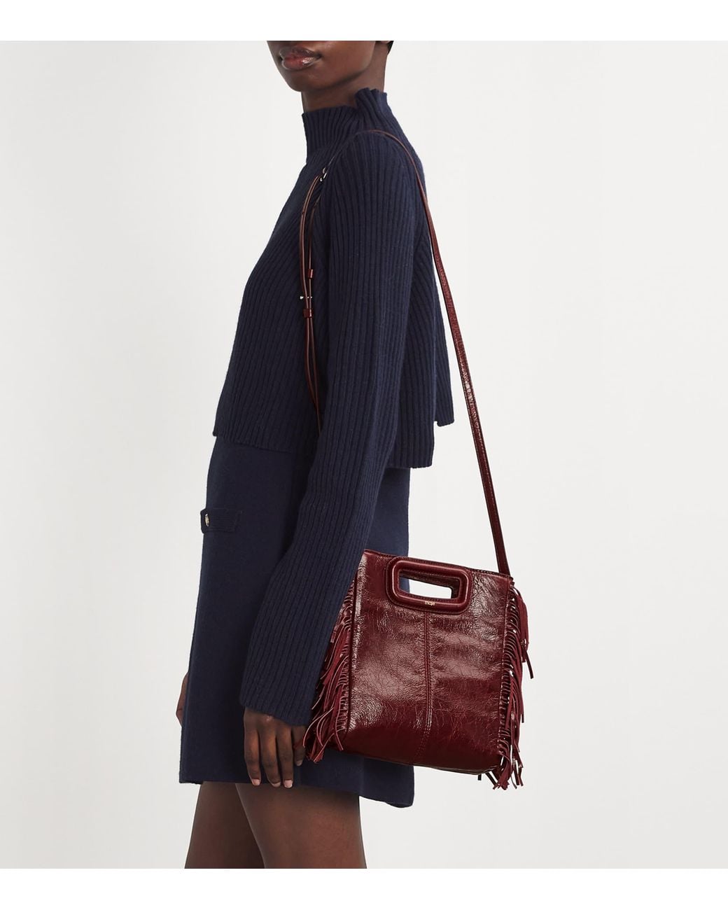 Maje Red Cracked Leather Fringed M Bag