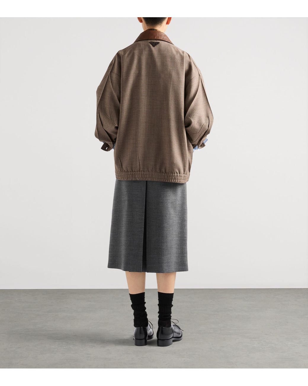 Prada Brown Wool Houndstooth Leather-Collar Jacket