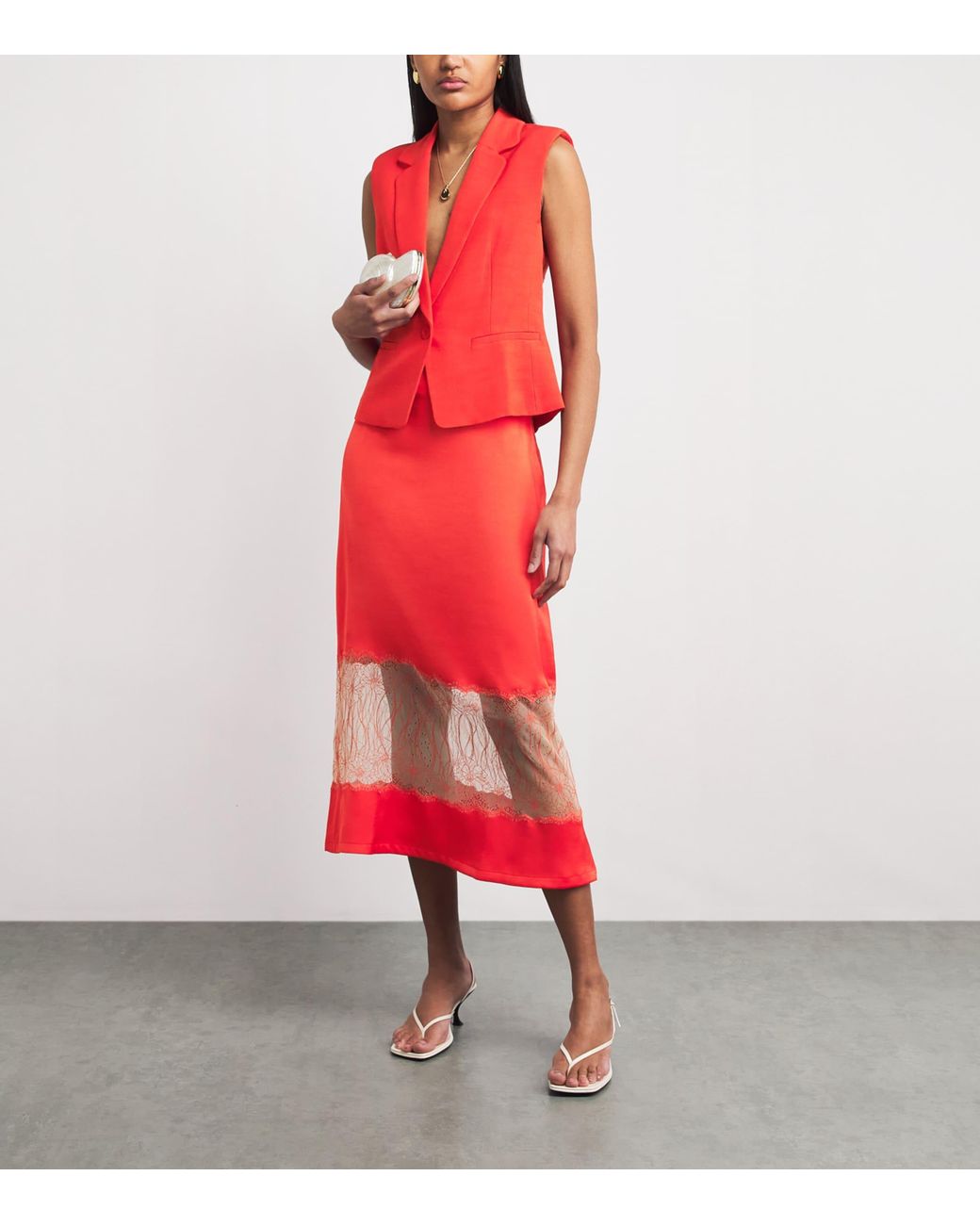Claudie Pierlot Red Satin Lace Midi Skirt