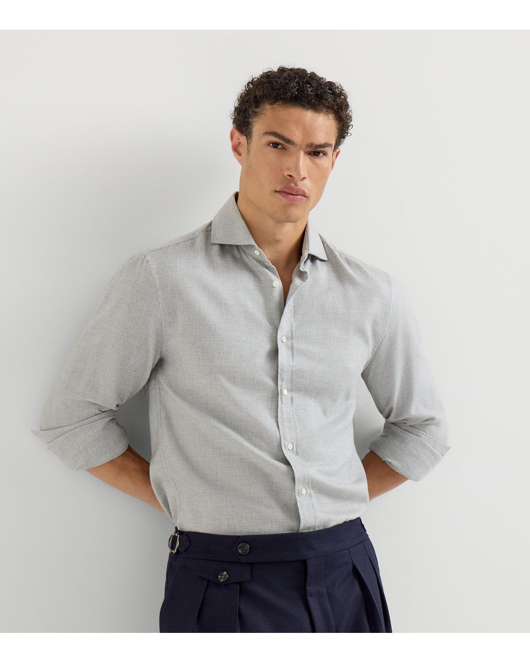 Brunello Cucinelli Gray Cotton-Blend Chevron Flannel Shirt for men