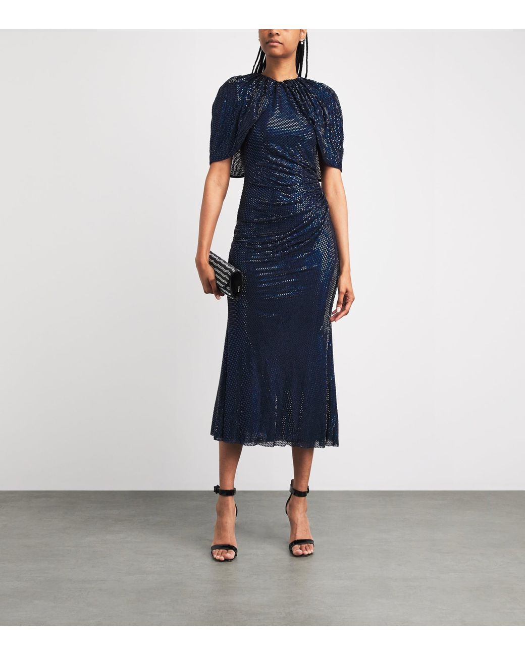 Self-Portrait Blue Rhinestone Cape-Sleeve Midi Dress