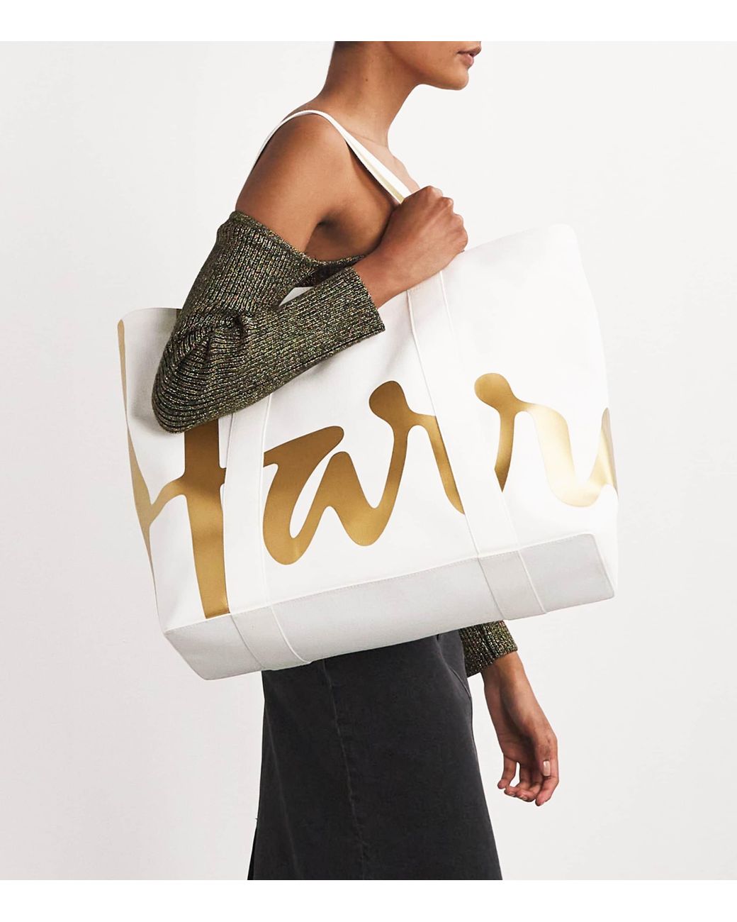 Harrods White Large Cotton Logo Tote Bag