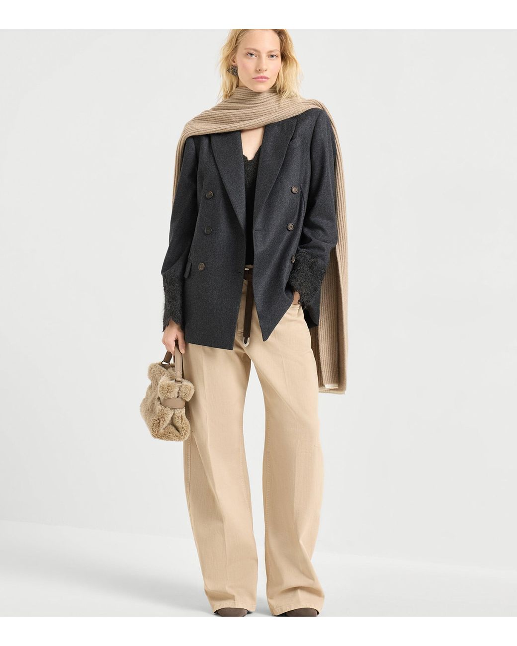 Brunello Cucinelli Black Lace-Detail Double-Breasted Blazer