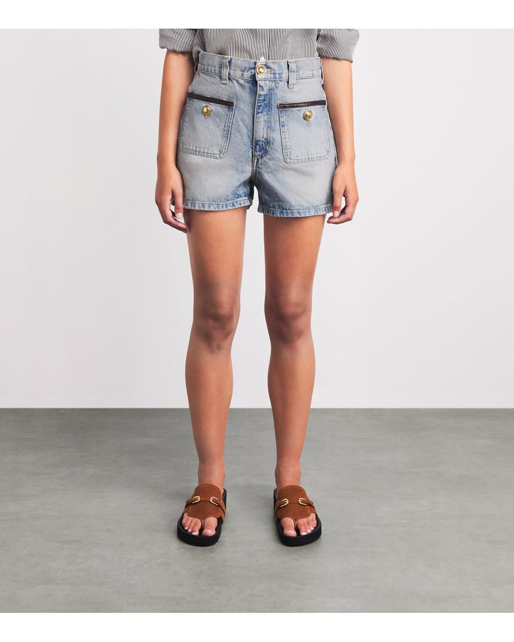 Sandro Blue Leather-Trim Denim Shorts