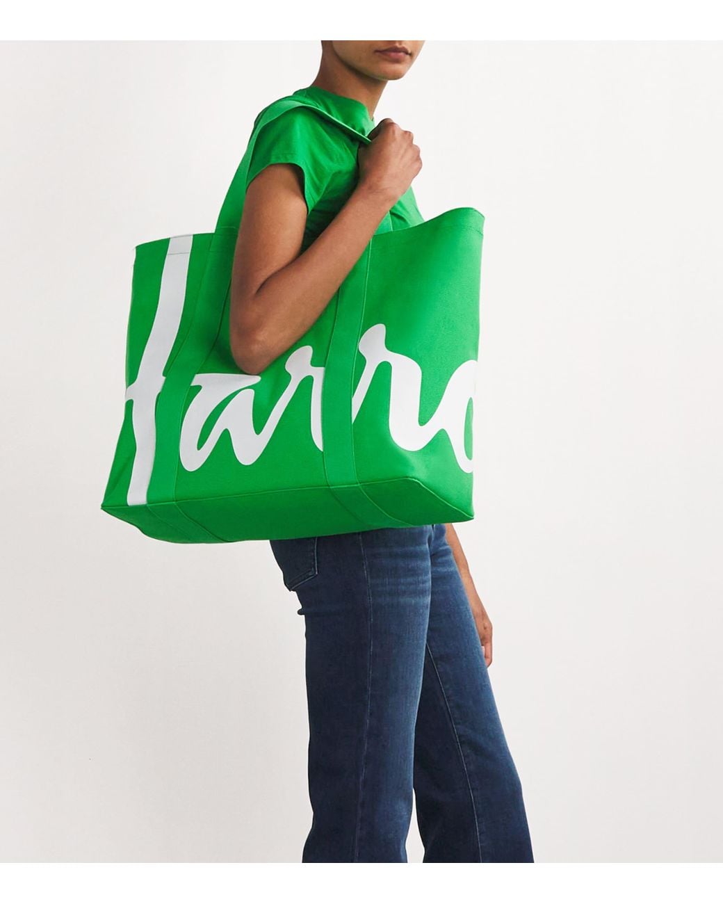 Harrods Green Large Cotton Logo Tote Bag