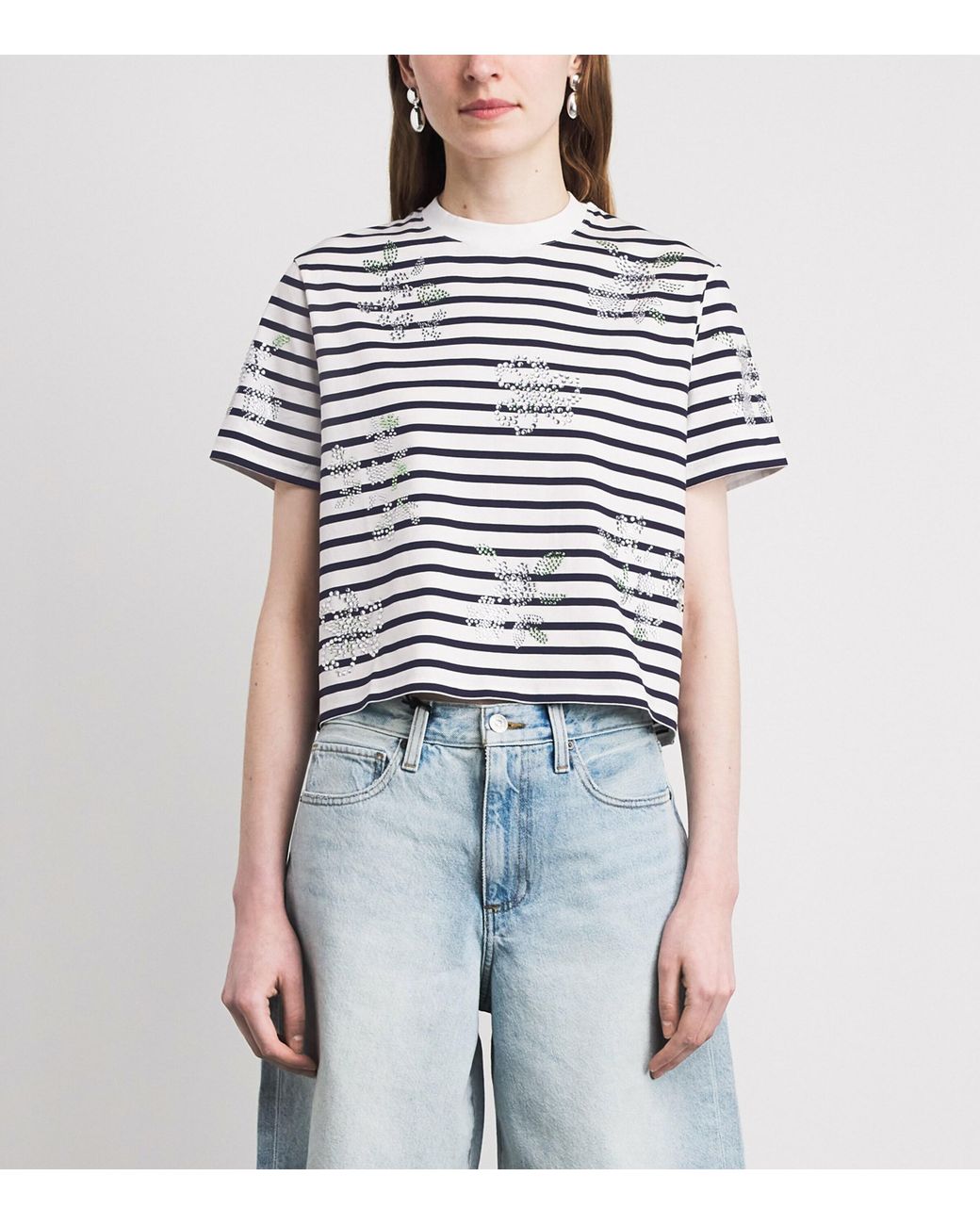 Maje White Cotton Rhinestone Stripe T-Shirt