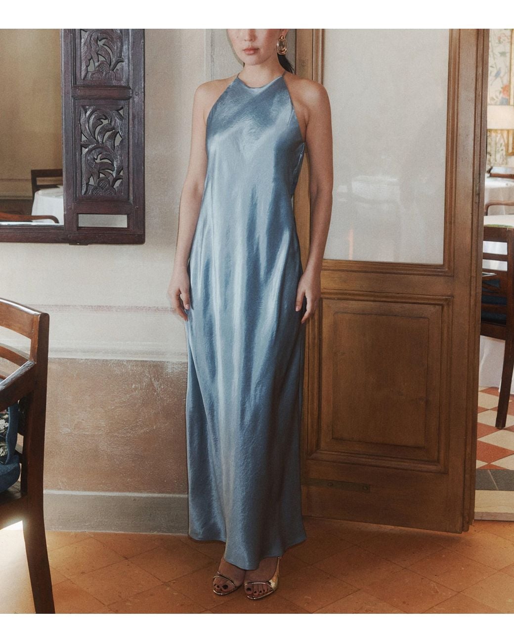 Marella Blue Satin Halterneck Maxi Dress
