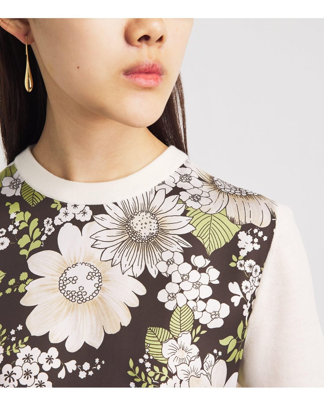 Tory Burch White Silk-Wool Floral T-Shirt