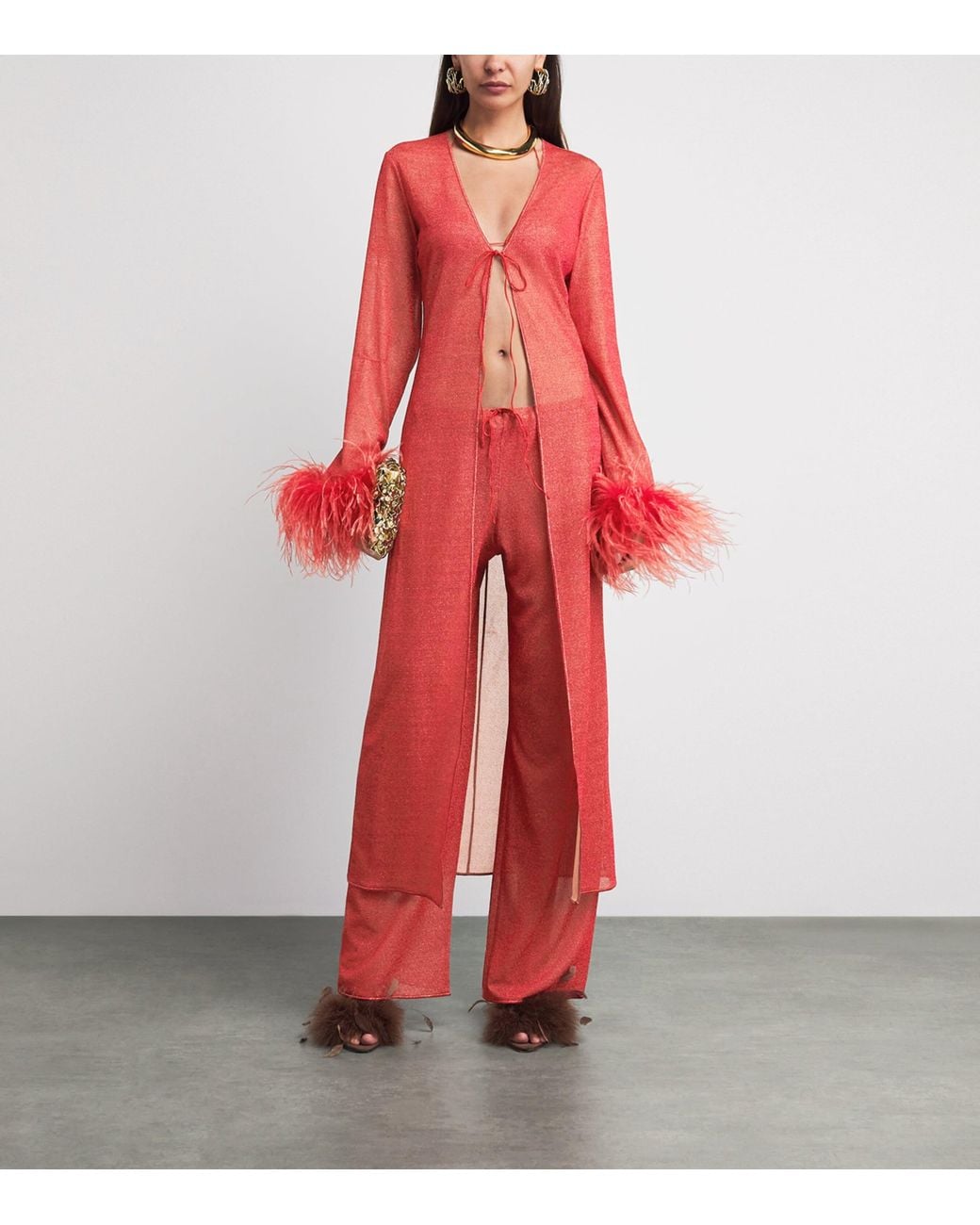 Oseree Red Feather-Trim Maxi Kaftan Dress