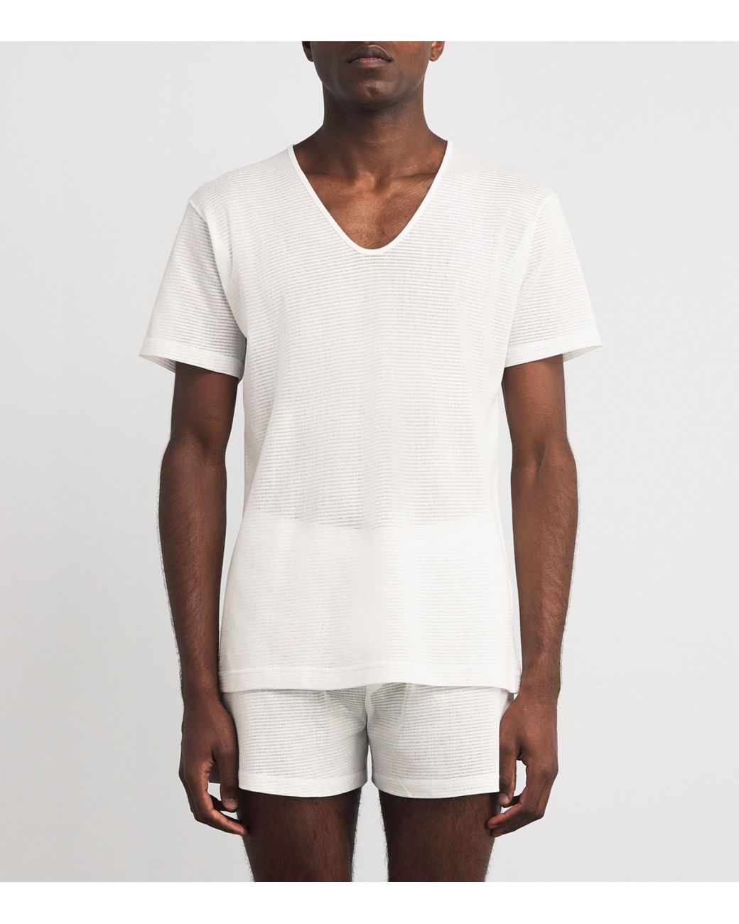 Sunspel White Cotton Mesh Cellular V-Neck T-Shirt for men