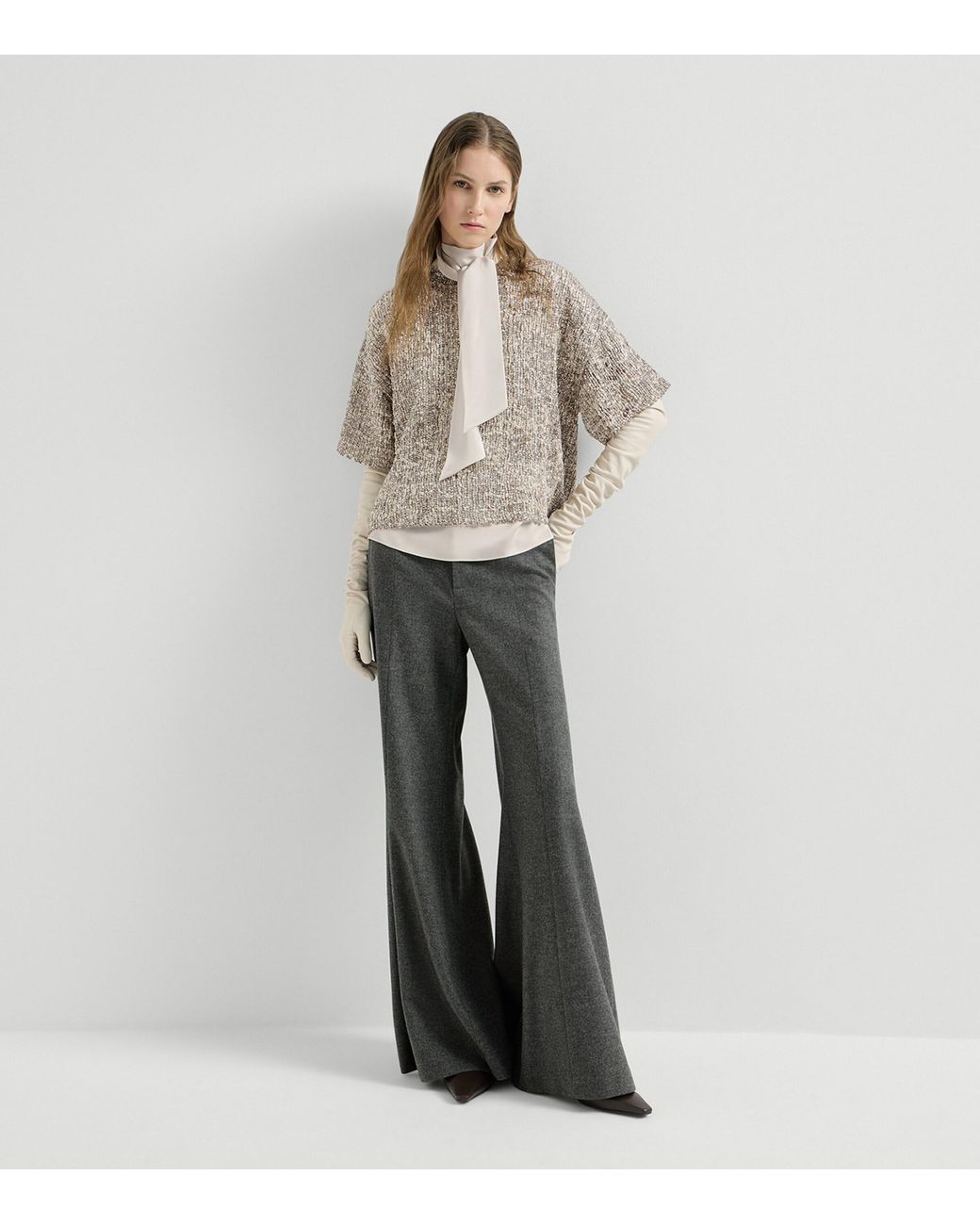 Brunello Cucinelli Gray Wool-Cashmere Flare Tailored Trousers