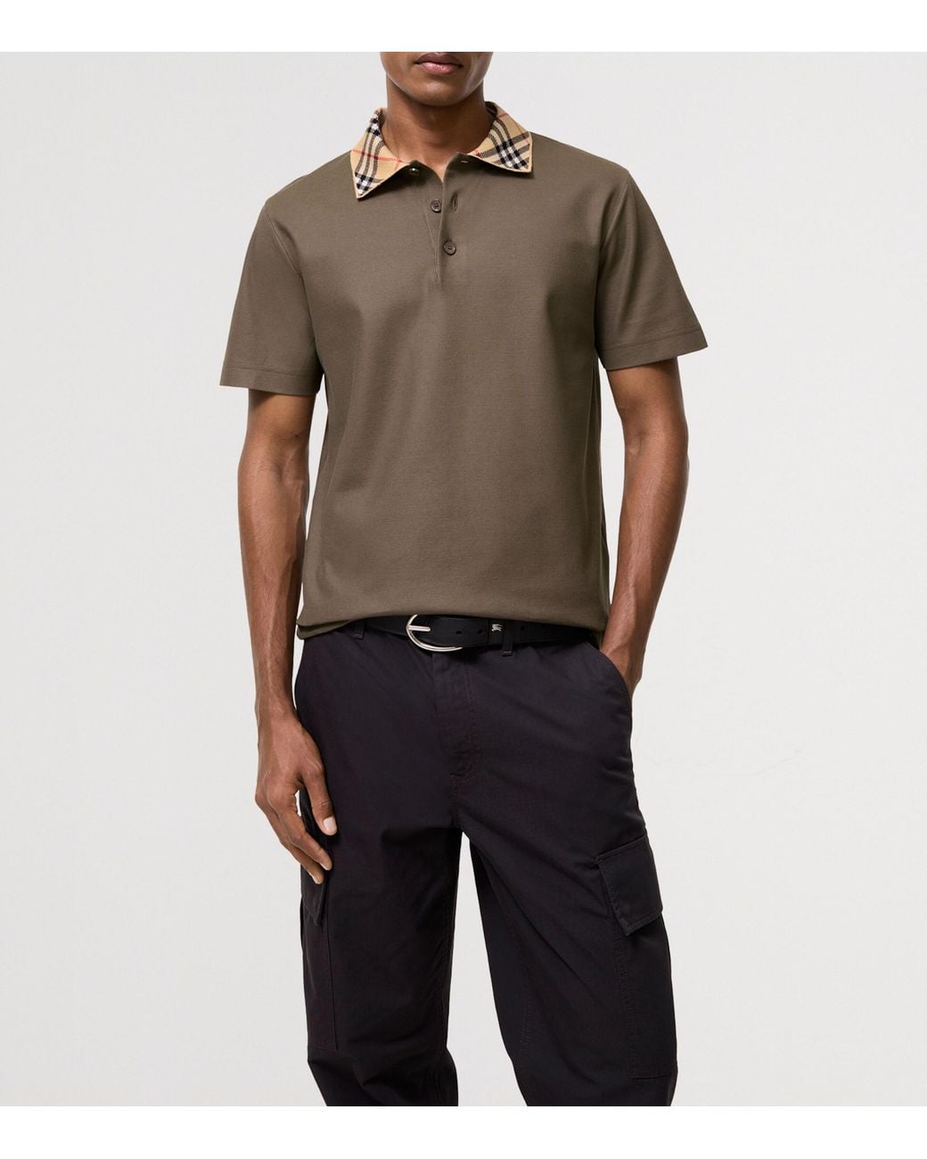 Burberry Brown Cotton Check-Collar Polo Shirt for men