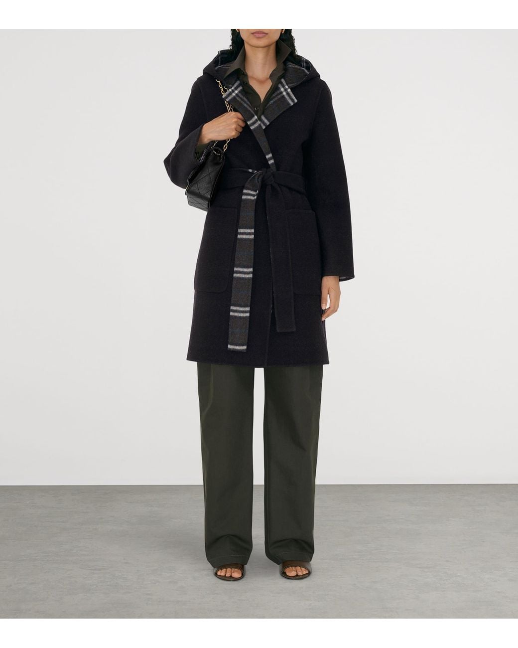 Burberry Black Wool Reversible Hooded Wrap Coat