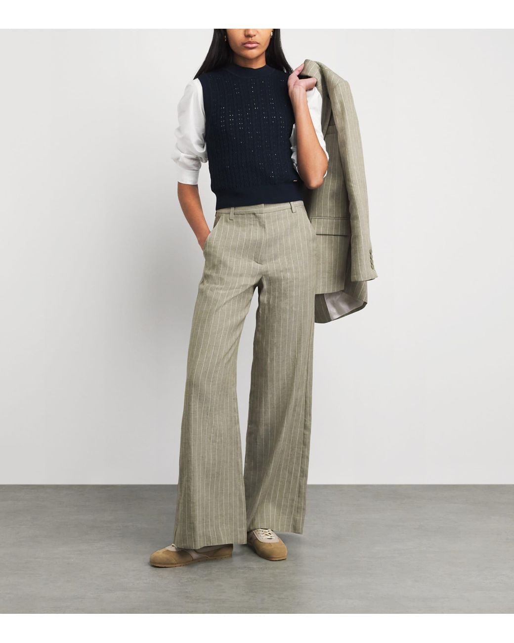 Maje Gray Linen-Cotton Blend Tailored Trousers