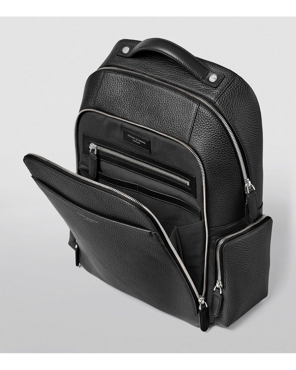 Aspinal Black Pebble Leather Reporter Zipped Backpack
