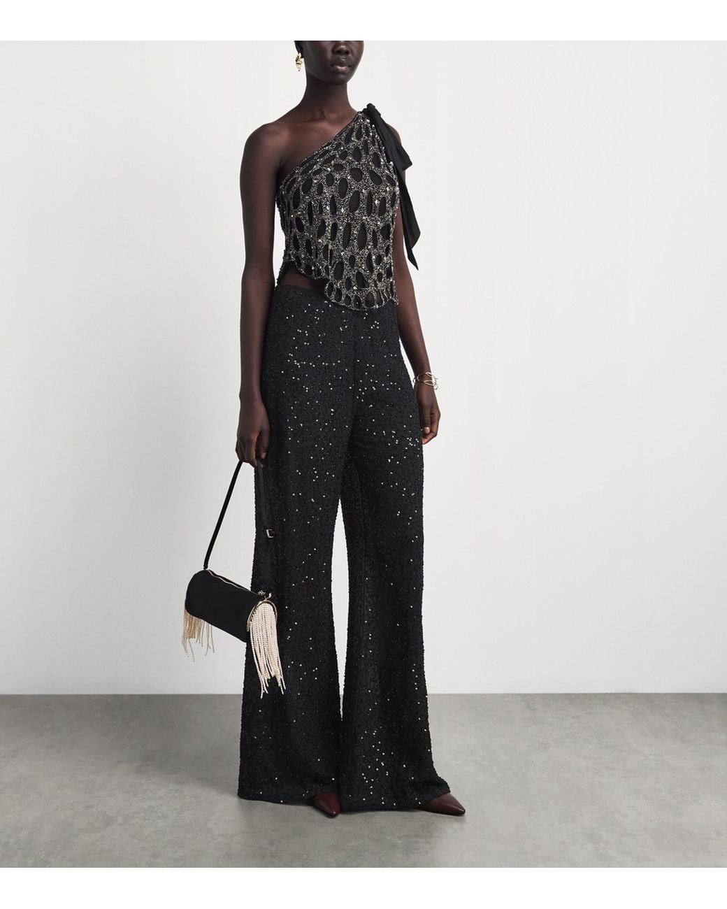 Alice + Olivia Black Sequin Athena Wide-Leg Trousers