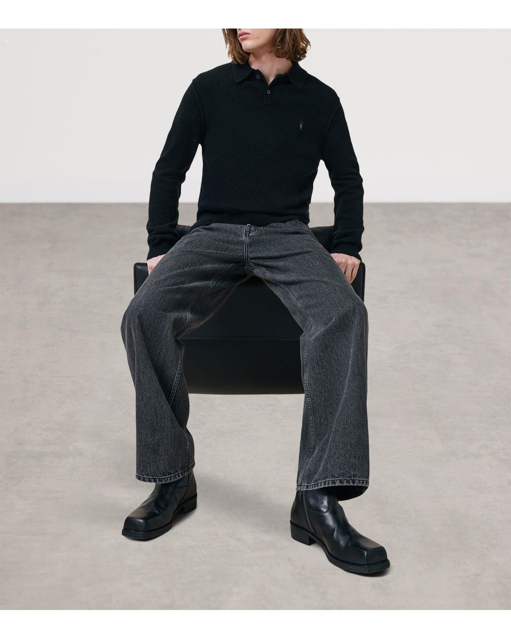 AllSaints Black Statten Polo Sweater for men