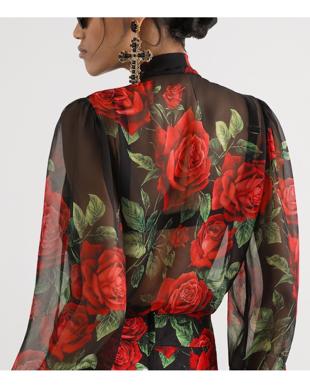 Dolce & Gabbana Brown Silk Rose-Print Pussybow Shirt