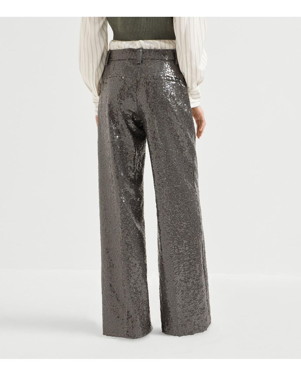 Brunello Cucinelli Gray Virgin Wool Sequin Wide-Leg Trousers