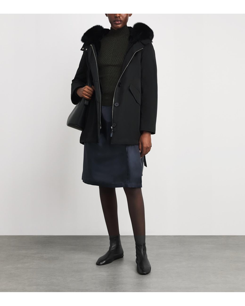 Yves Salomon Black Fox-Rabbit Blended-Cotton Parka