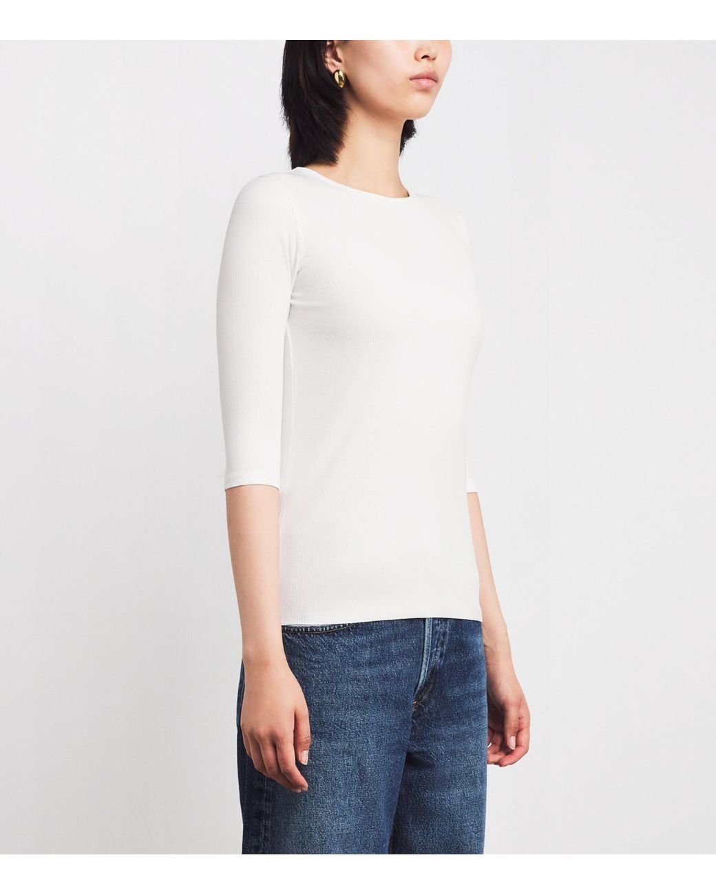 Vince White Ribbed Elbow-Sleeve T-Shirt