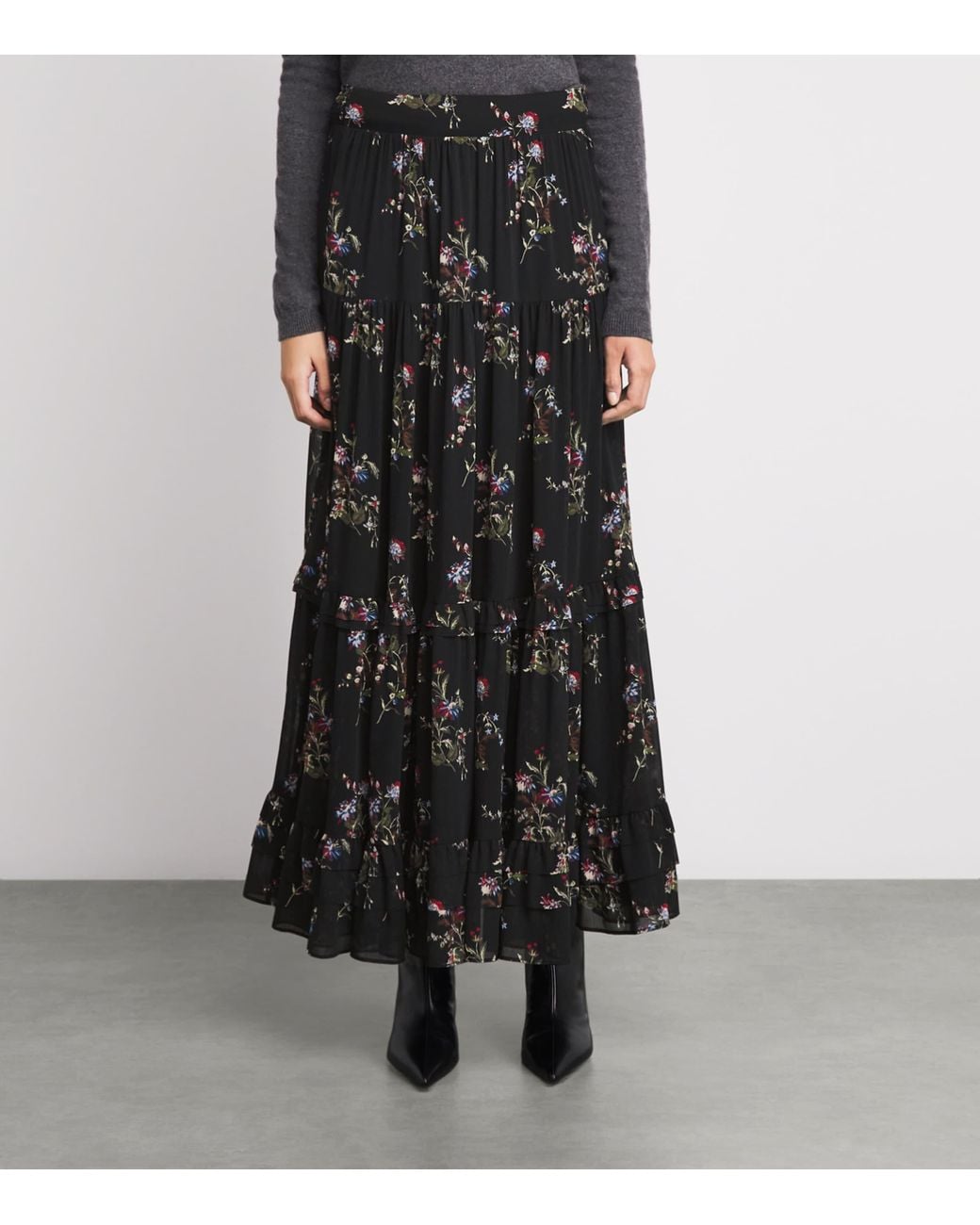 ME+EM Black Tiered Floral Maxi Skirt