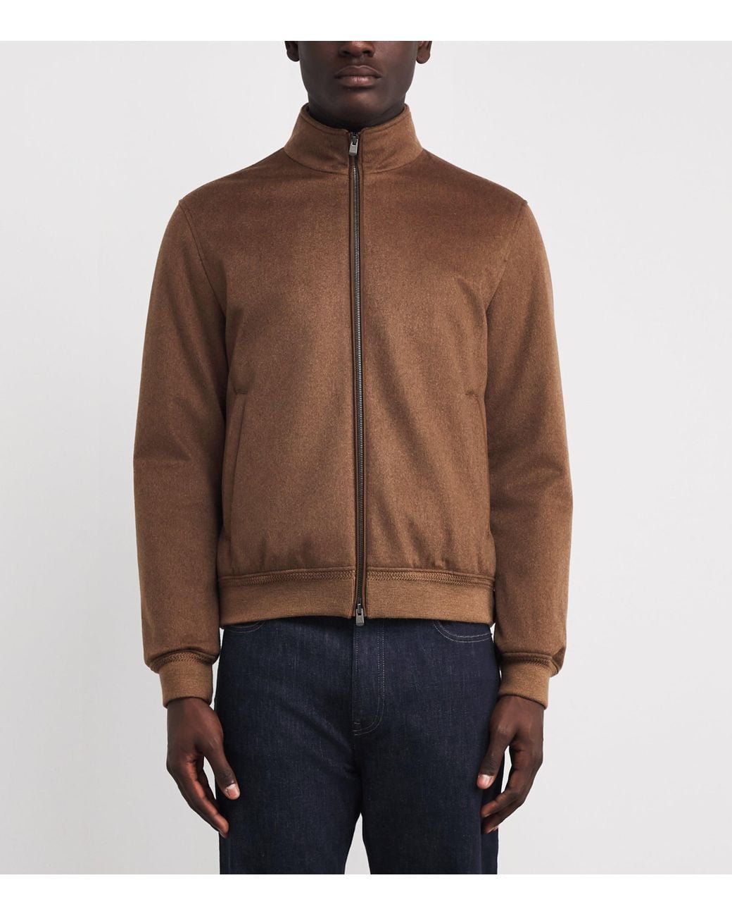 Agnona Brown Cashmere High-Neck Bomber Jacket for men