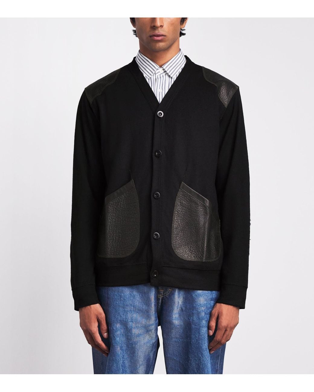 Junya Watanabe Black Wool Leather-Patch Cardigan for men