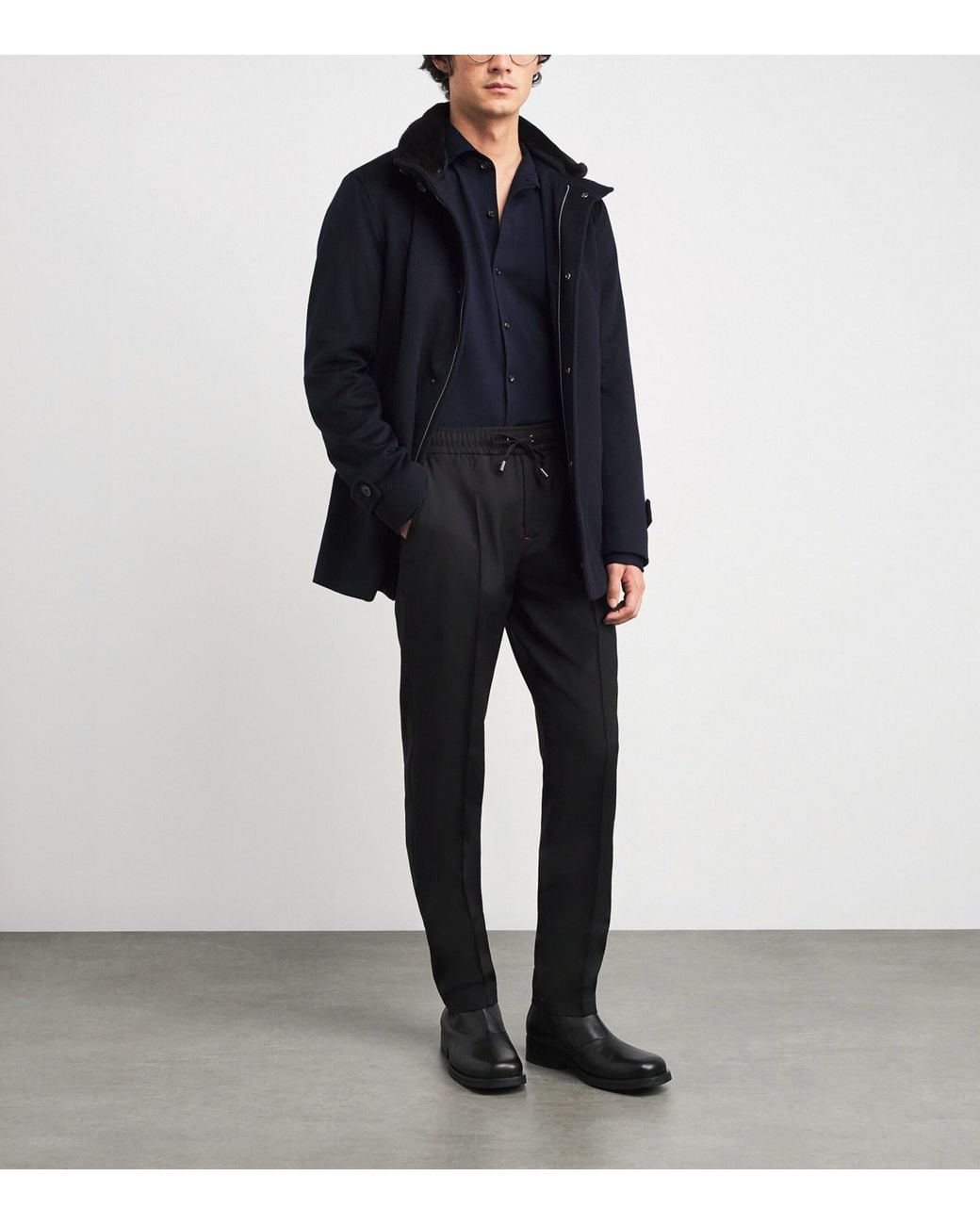 Isaia Black Wool-Mohair Drawstring Trousers for men