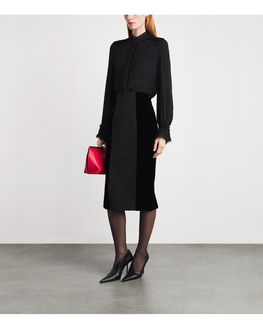 ME+EM Black Silk Lace-Trim Blouse