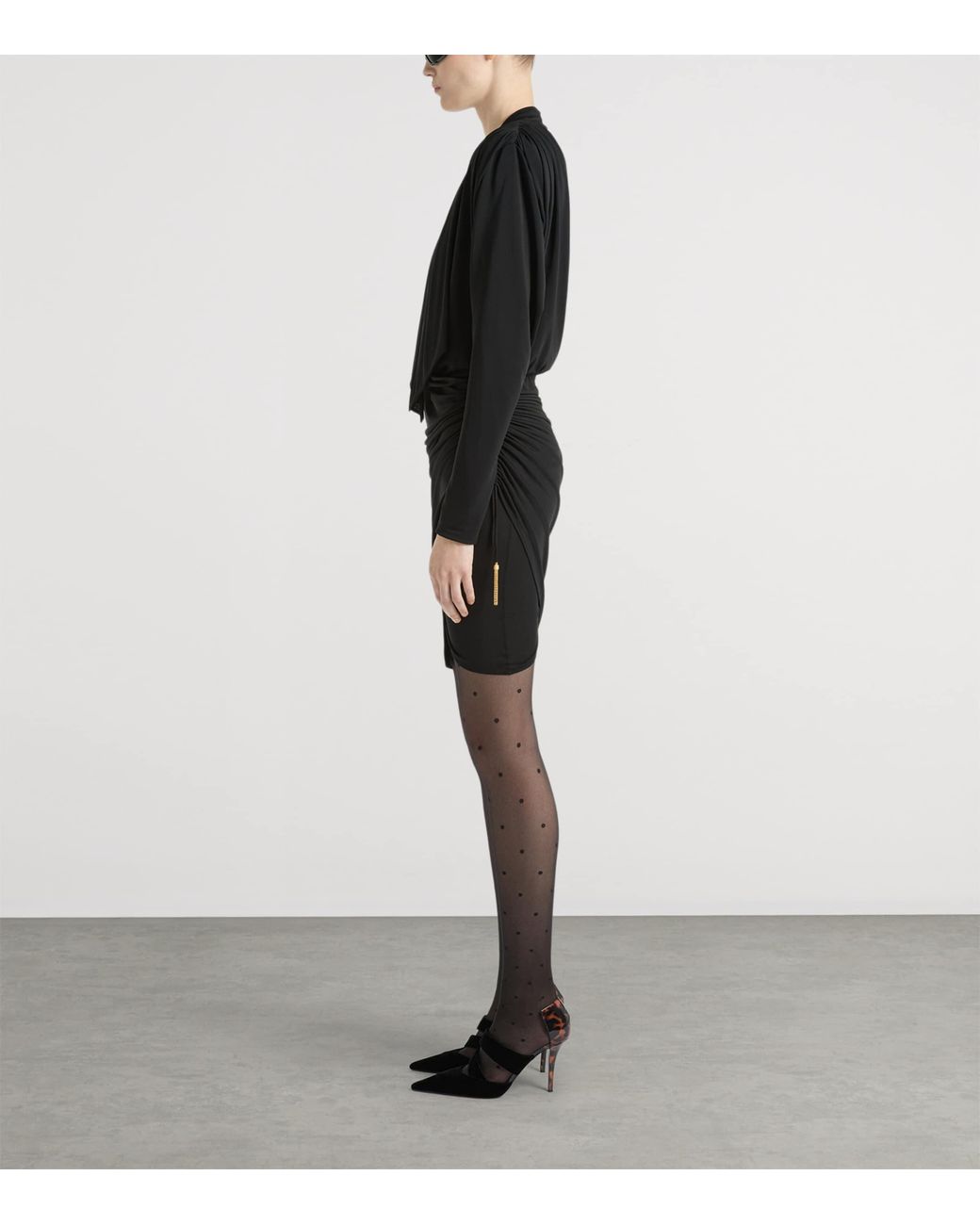 Balmain Black Draped Long-Sleeve Mini Dress