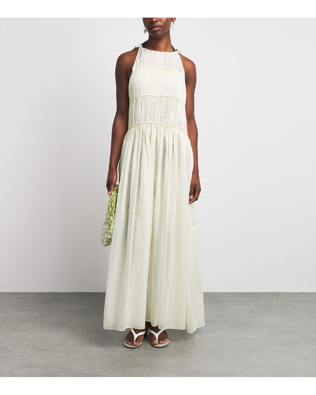 Moré Noir White Cotton-Silk Ruched Morgan Midi Dress
