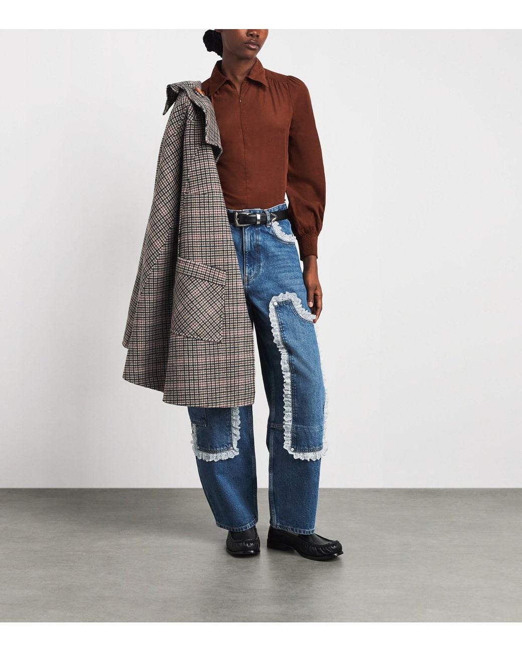 ME+EM Brown Corduroy Zip-Neck Blouse