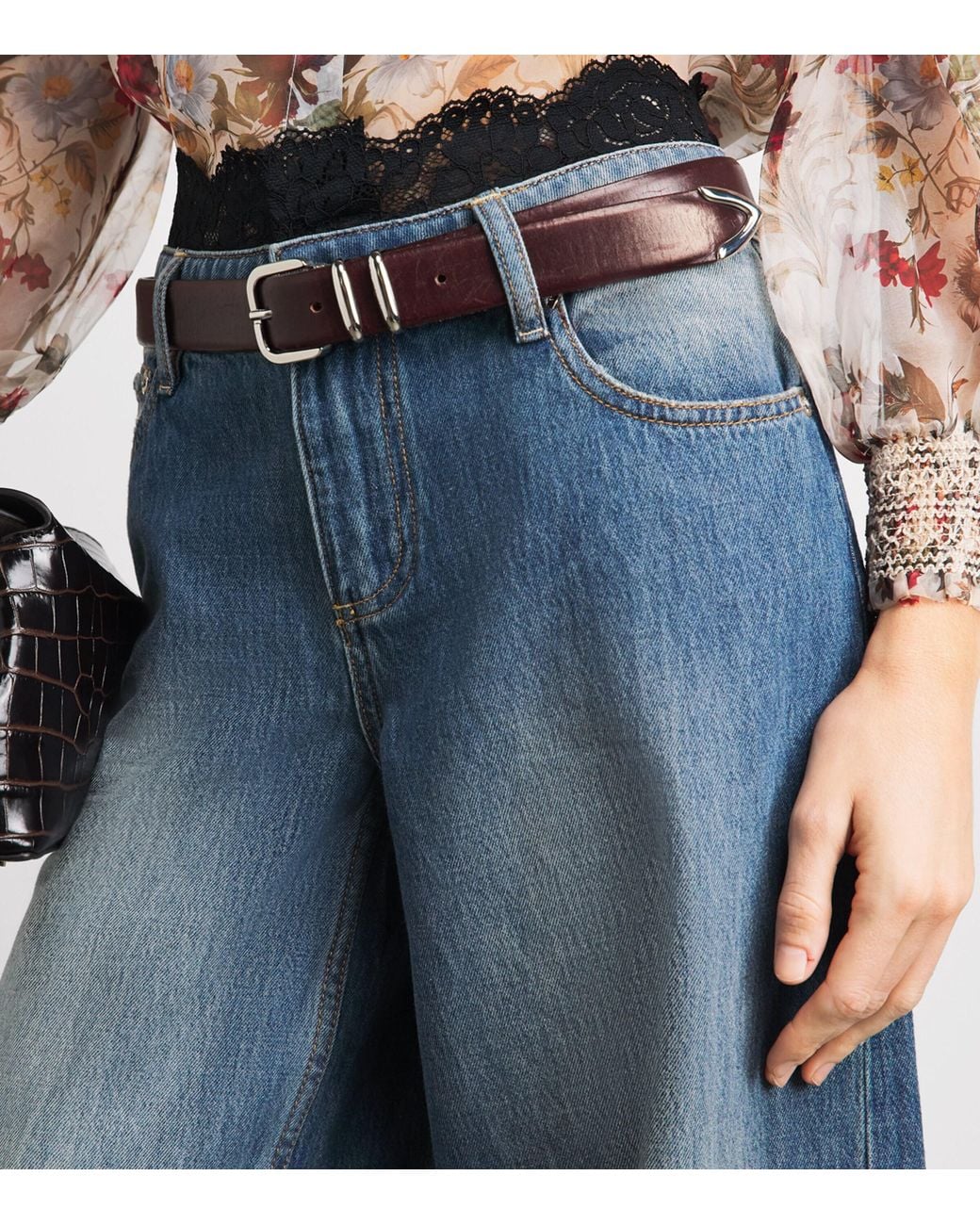 Alice + Olivia Blue Lace-Trim Ian Mid-Rise Wide-Leg Jeans