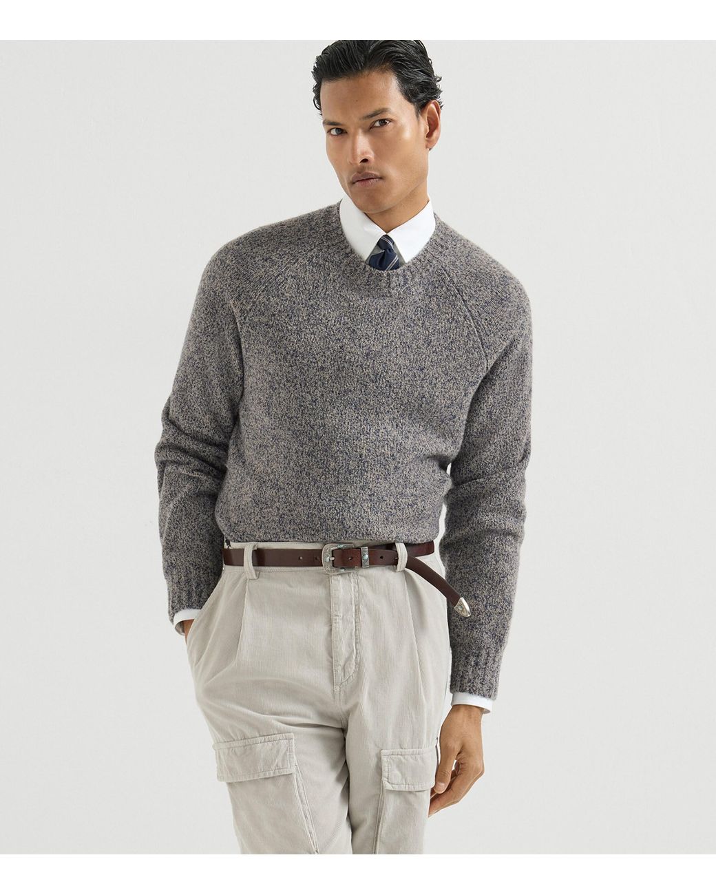 Brunello Cucinelli Gray Virgin Wool-Silk-Cashmere Sweater for men