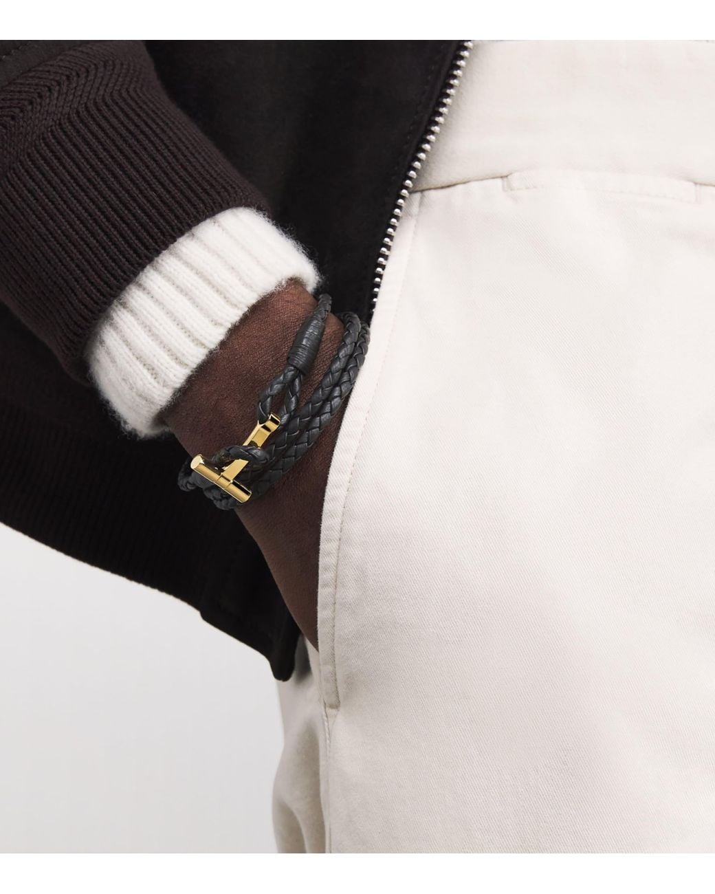 Tom Ford Black Leather Braided T Bracelet for men