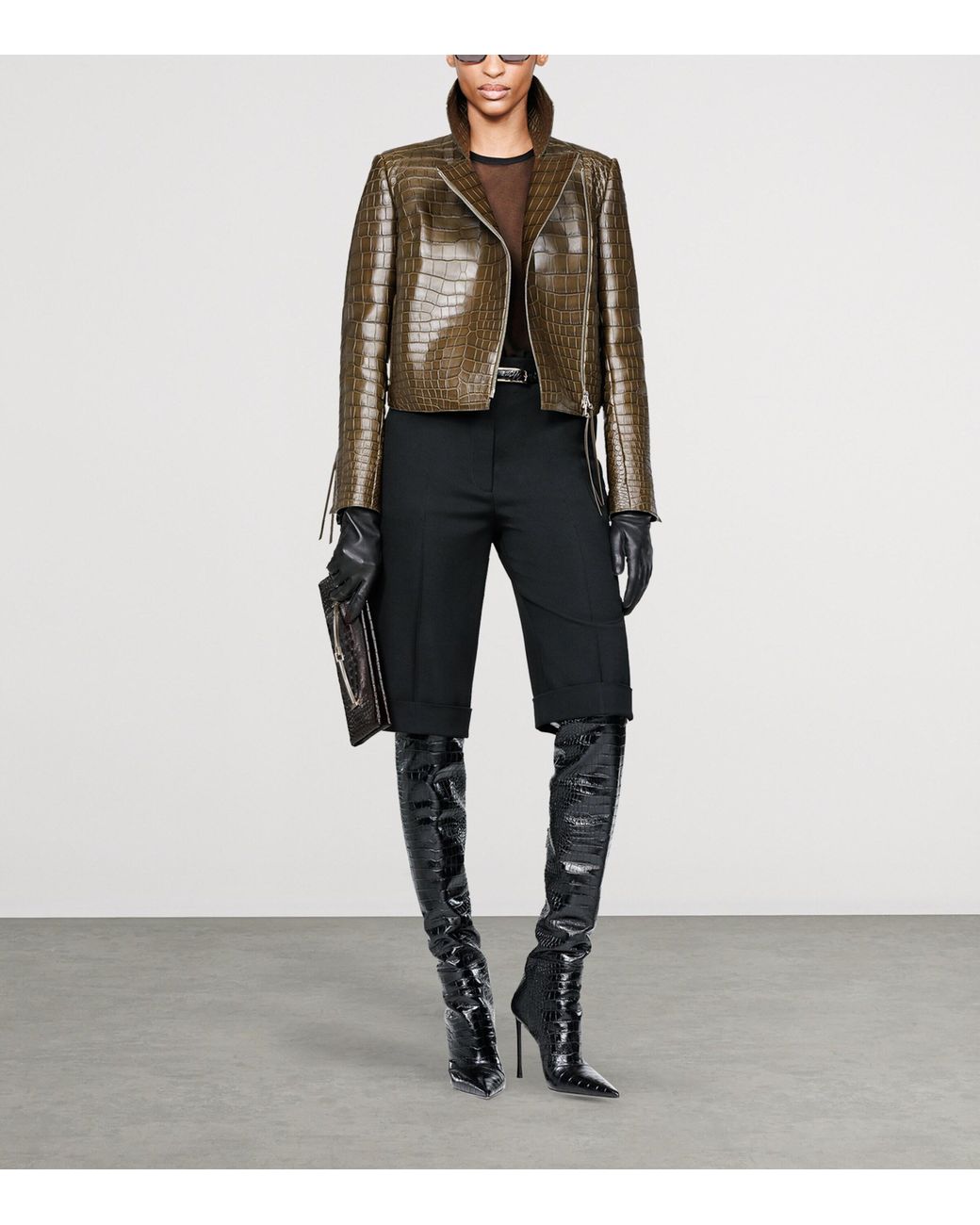 Tom Ford Brown Croc-Embossed Lambskin Biker Jacket