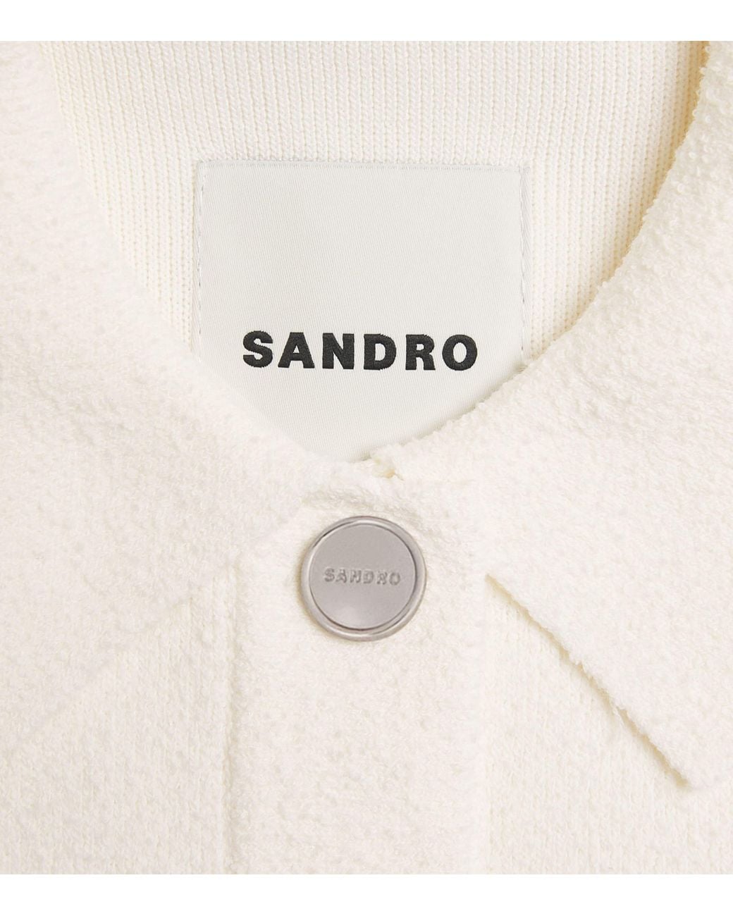 Sandro White Bouclé Denim-Trim Cardigan