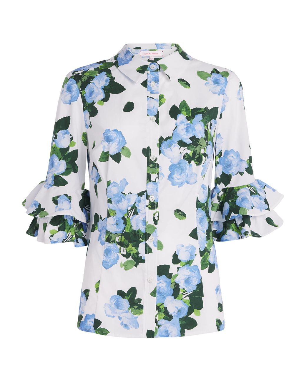 Carolina Herrera Blue Rose Print Ruffle-Sleeve Shirt