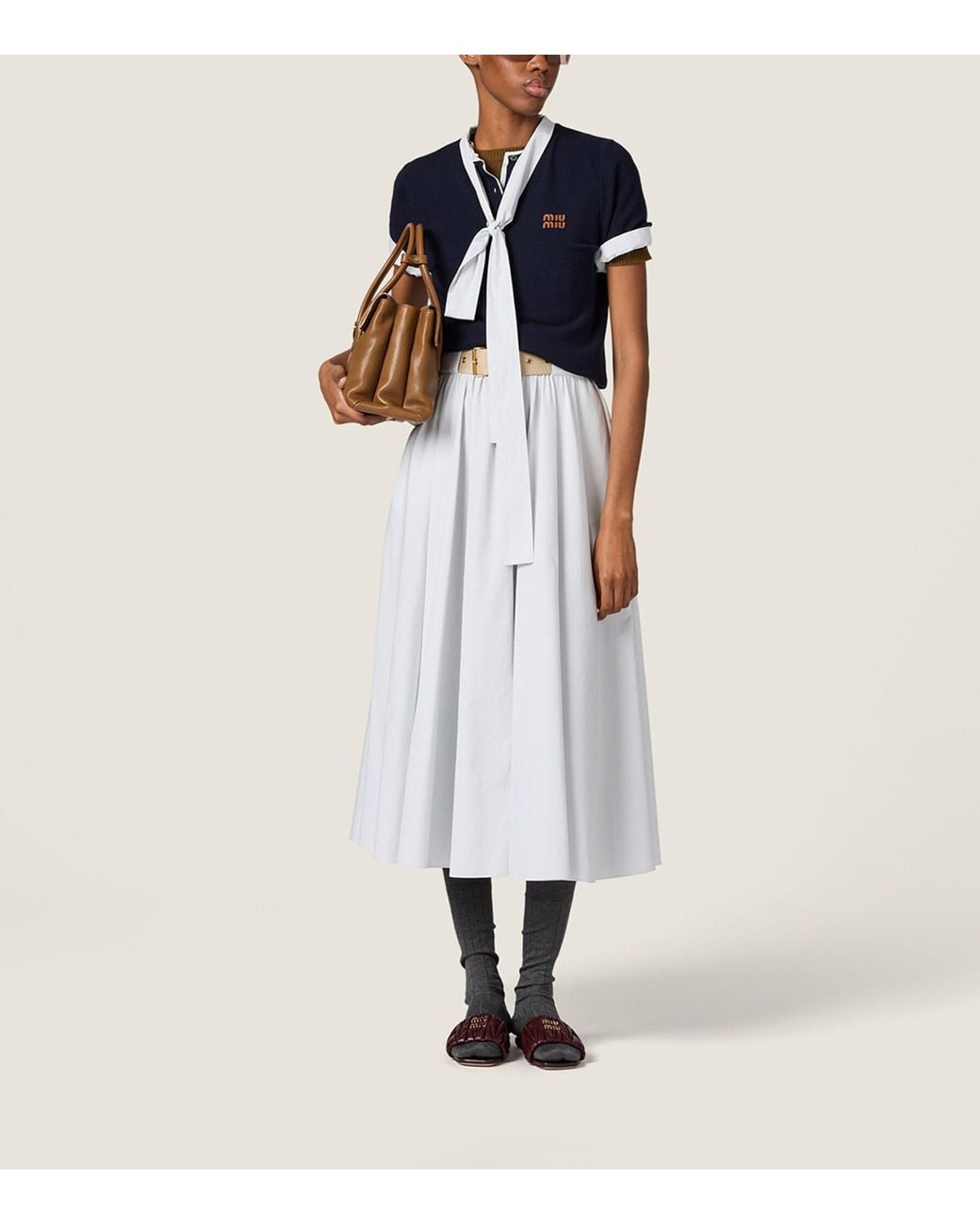 Miu Miu White Cotton Pinstripe Belted Midi Dress