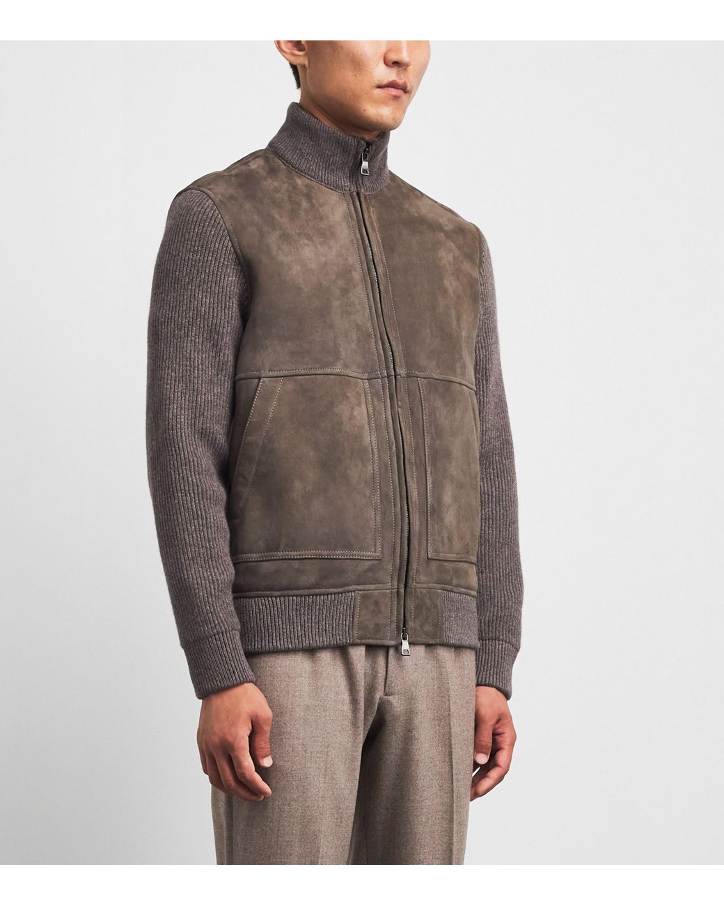 FIORONI CASHMERE Brown Suede-Wool Bomber Jacket for men