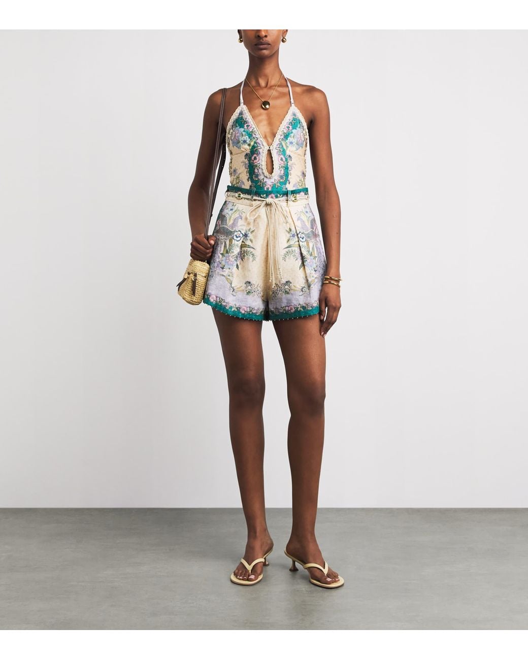 Zimmermann Natural Linen Printed Indra Tuck Shorts