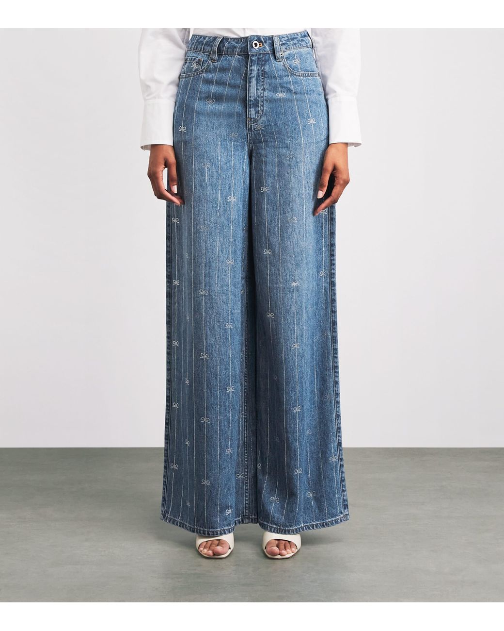 Self-Portrait Blue Rhinestone Stripe Wide-Leg Jeans